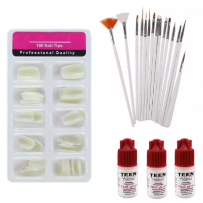 Combo of 100 Pieces of Nail Extensions, 3 Pieces of 3 gm Nail Glue and 15 Nail Art Brushes